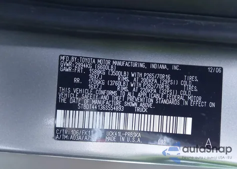 2006 Toyota Tundra Sr5 V8 z USA, uszkodzony, nr VIN 5TBDT44136S554893